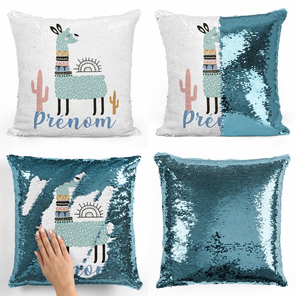 coussin pillow mermaid à sequin magique enfant reversible et personnalisable avec motif lama de couleur bleu clair