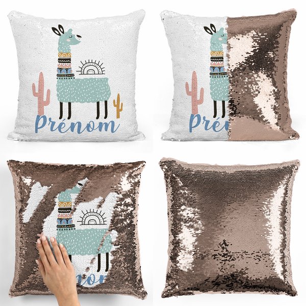 coussin pillow mermaid à sequin magique enfant reversible et personnalisable avec motif lama de couleur champagne