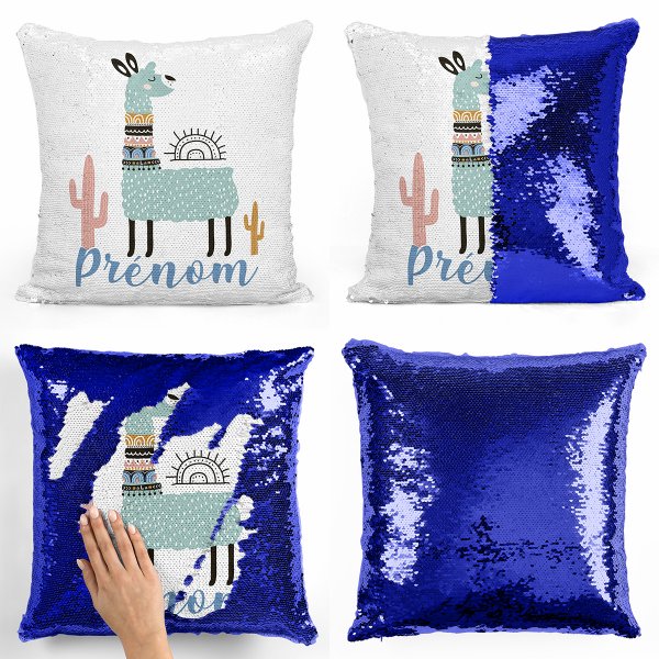 coussin pillow mermaid à sequin magique enfant reversible et personnalisable avec motif lama de couleur bleu foncé