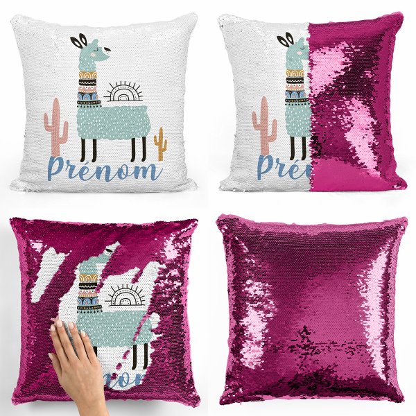 coussin pillow mermaid à sequin magique enfant reversible et personnalisable avec motif lama de couleur fushia