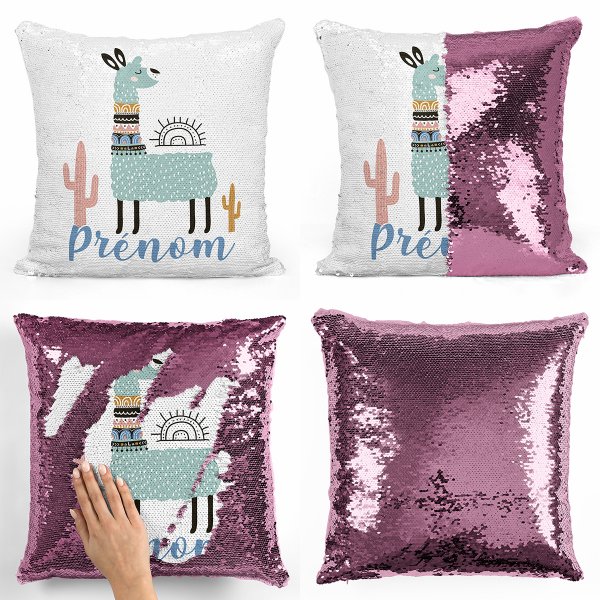 coussin pillow mermaid à sequin magique enfant reversible et personnalisable avec motif lama de couleur rose clair