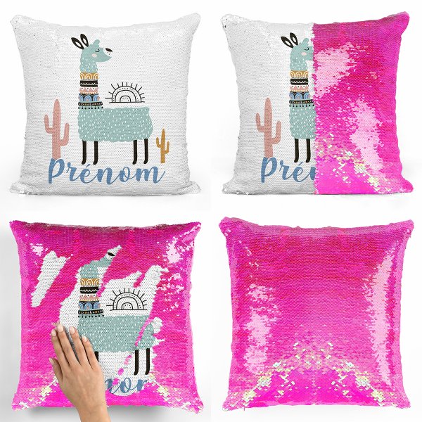 coussin pillow mermaid à sequin magique enfant reversible et personnalisable avec motif lama de couleur rose nacré