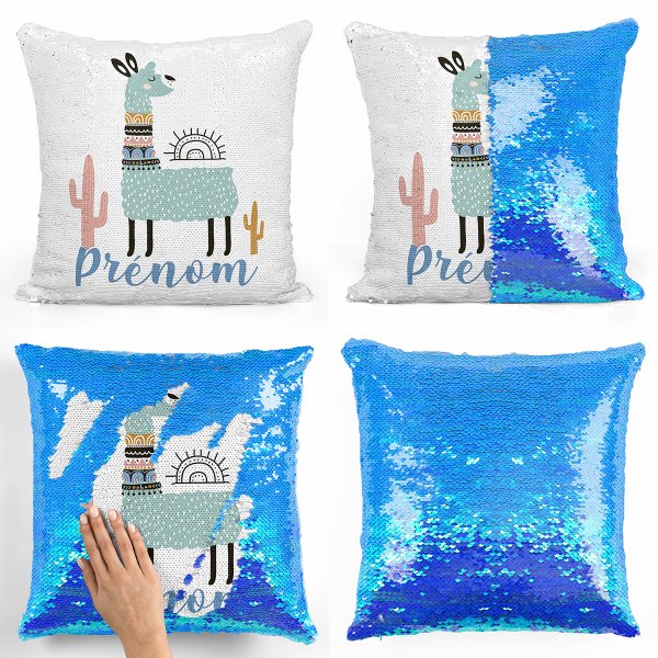 coussin pillow mermaid à sequin magique enfant reversible et personnalisable avec motif lama de couleur bleu nacré