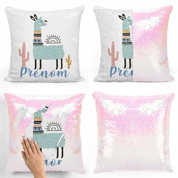 coussin pillow mermaid à sequin magique enfant reversible et personnalisable avec motif lama de couleur blanc