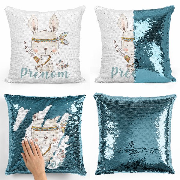 coussin pillow mermaid à sequin magique enfant reversible et personnalisable avec motif lapin indien de couleur bleu clair