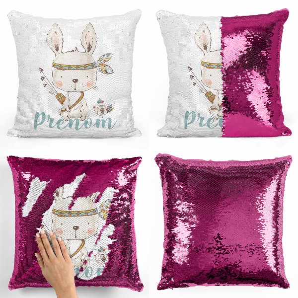 coussin pillow mermaid à sequin magique enfant reversible et personnalisable avec motif lapin indien de couleur fushia