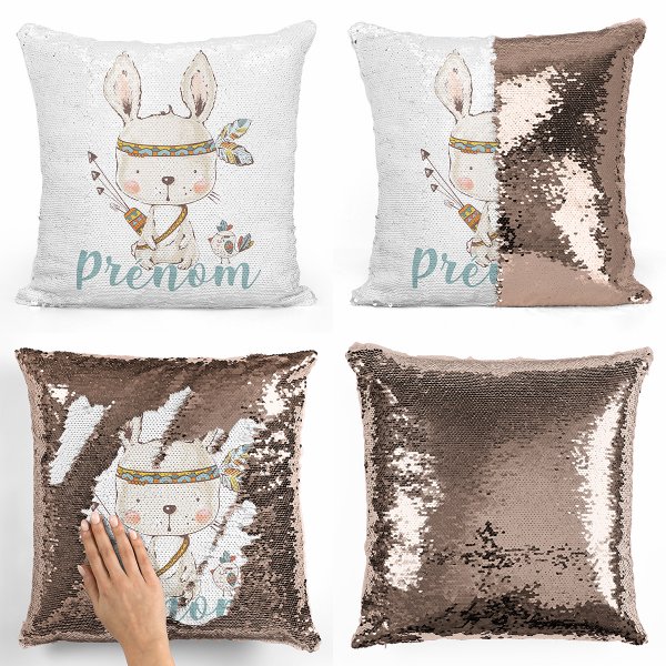 coussin pillow mermaid à sequin magique enfant reversible et personnalisable avec motif lapin indien de couleur champagne