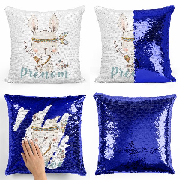 coussin pillow mermaid à sequin magique enfant reversible et personnalisable avec motif lapin indien de couleur bleu foncé