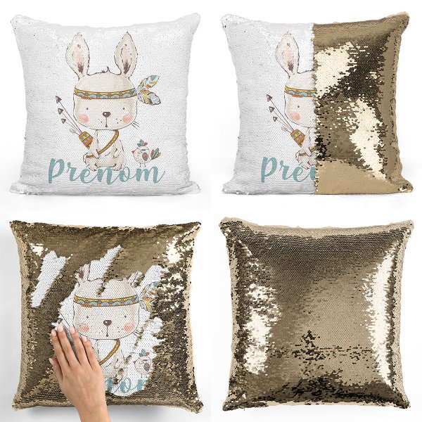 coussin pillow mermaid à sequin magique enfant reversible et personnalisable avec motif lapin indien de couleur or doré