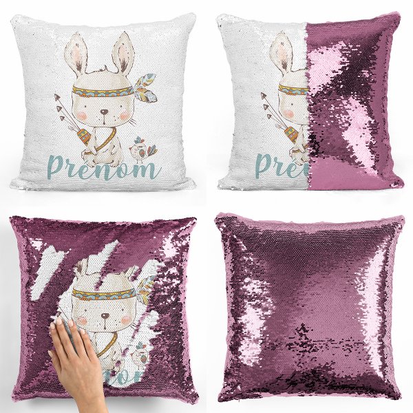 coussin pillow mermaid à sequin magique enfant reversible et personnalisable avec motif lapin indien de couleur rose clair