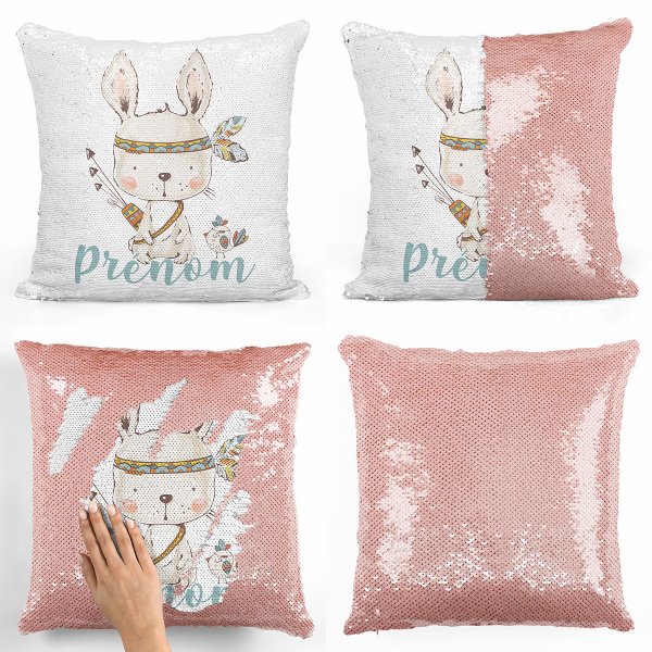 coussin pillow mermaid à sequin magique enfant reversible et personnalisable avec motif lapin indien de couleur saumon