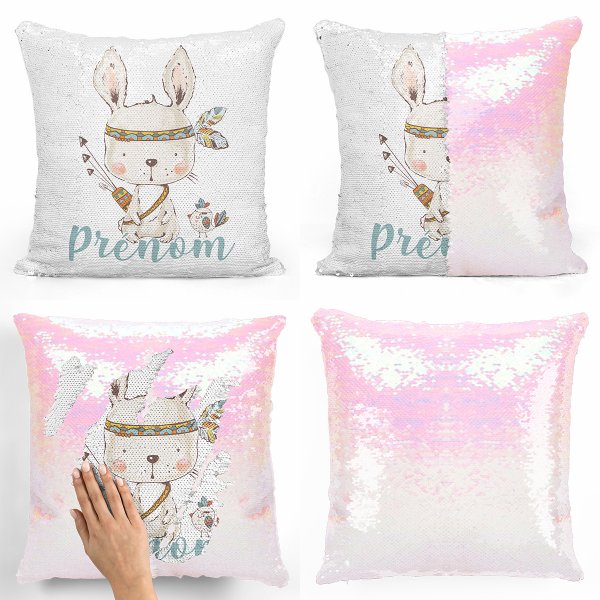 coussin pillow mermaid à sequin magique enfant reversible et personnalisable avec motif lapin indien de couleur blanc nacré