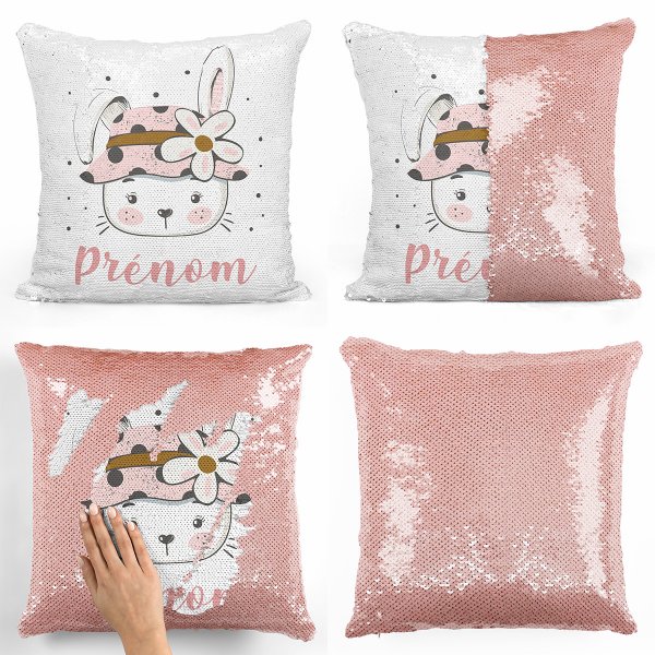 coussin pillow mermaid à sequin magique enfant reversible et personnalisable avec motif lapine fleur de couleur saumonpillow mermaid à sequin magique reversible et personnalisable avec motif lapine fl