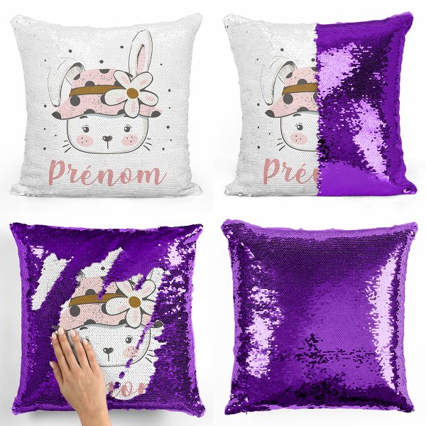 coussin pillow mermaid à sequin magique enfant reversible et personnalisable avec motif lapine fleur de couleur violet