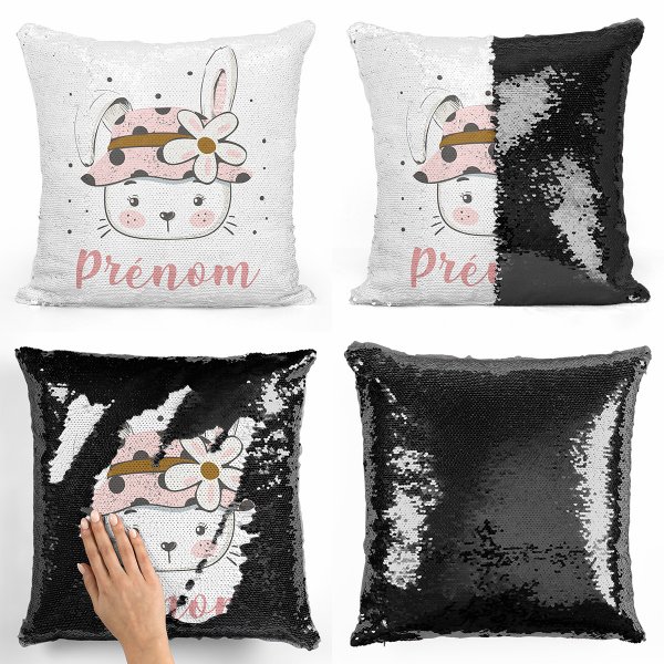 coussin pillow mermaid à sequin magique enfant reversible et personnalisable avec motif lapine fleur de couleur noir