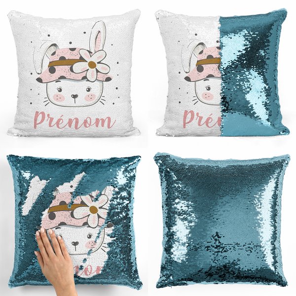 coussin pillow mermaid à sequin magique enfant reversible et personnalisable avec motif lapine fleur de couleur bleu clair