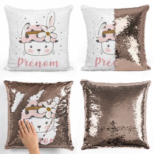 coussin pillow mermaid à sequin magique enfant reversible et personnalisable avec motif lapine fleur de couleur champagne