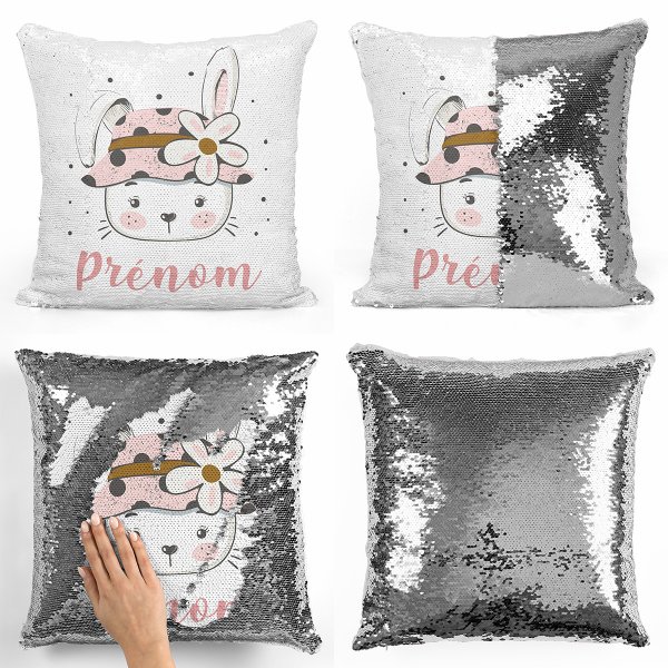 coussin pillow mermaid à sequin magique enfant reversible et personnalisable avec motif lapine fleur de couleur argent