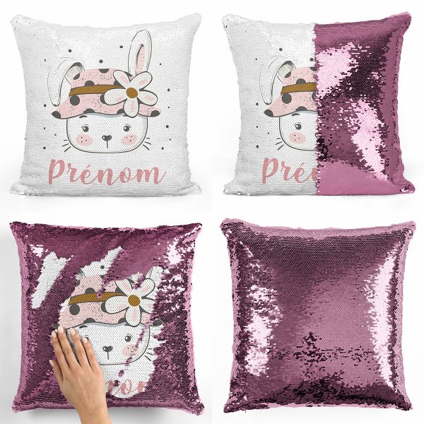 coussin pillow mermaid à sequin magique enfant reversible et personnalisable avec motif lapine fleur de couleur rose clair