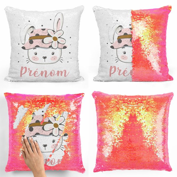 coussin pillow mermaid à sequin magique enfant reversible et personnalisable avec motif lapine fleur de couleur orange nacré