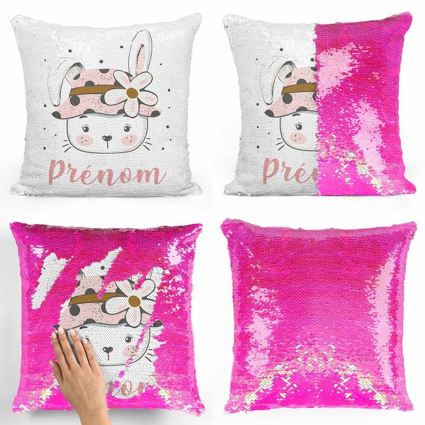coussin pillow mermaid à sequin magique enfant reversible et personnalisable avec motif lapine fleur de couleur rose nacré
