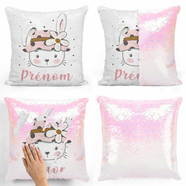 coussin pillow mermaid à sequin magique enfant reversible et personnalisable avec motif lapine fleur de couleur blanc nacré