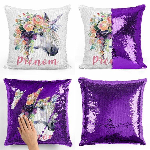 coussin pillow mermaid à sequin magique enfant reversible et personnalisable avec motif licorne de couleur violet