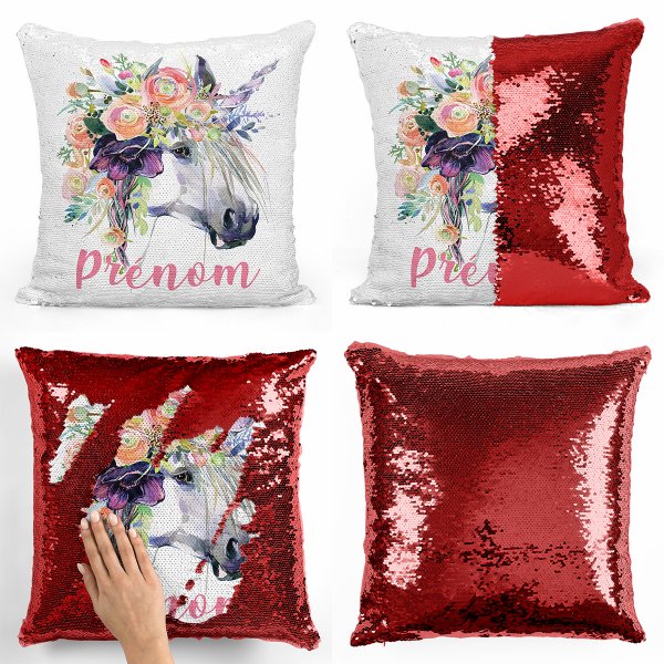 coussin pillow mermaid à sequin magique enfant reversible et personnalisable avec motif licorne de couleur rouge