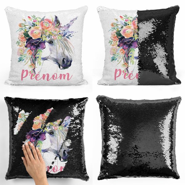 coussin pillow mermaid à sequin magique enfant reversible et personnalisable avec motif licorne de couleur noir