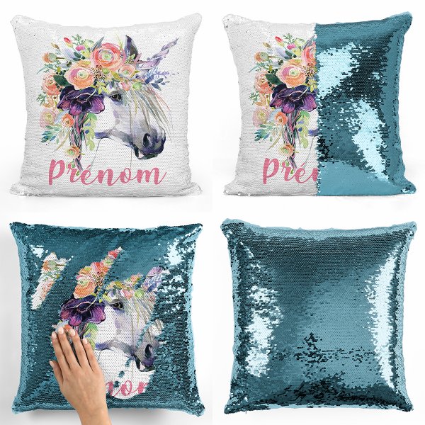 coussin pillow mermaid à sequin magique enfant reversible et personnalisable avec motif licorne de couleur bleu clair