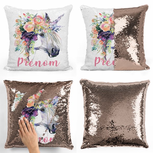 coussin pillow mermaid à sequin magique enfant reversible et personnalisable avec motif licorne de couleur champagne