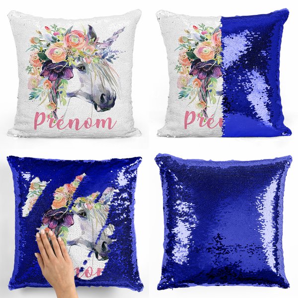 coussin pillow mermaid à sequin magique enfant reversible et personnalisable avec motif licorne de couleur bleu foncé