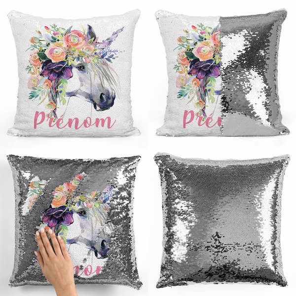 coussin pillow mermaid à sequin magique enfant reversible et personnalisable avec motif licorne de couleur argent