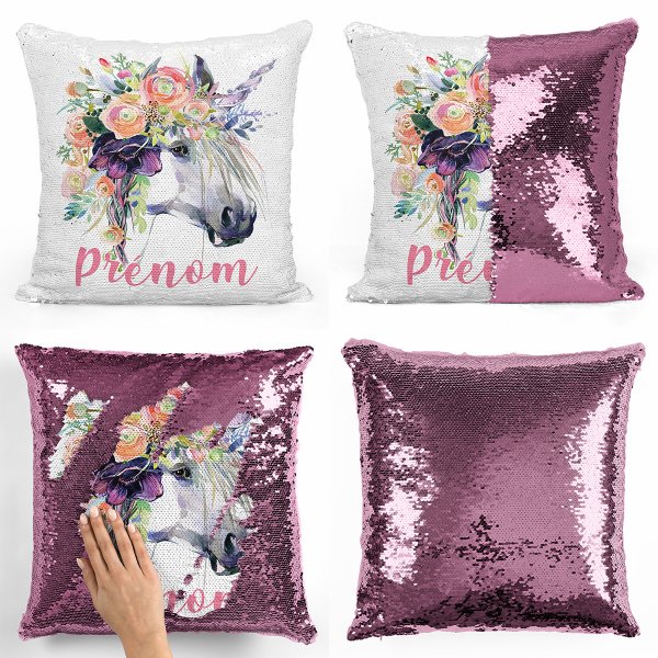 coussin pillow mermaid à sequin magique enfant reversible et personnalisable avec motif licorne de couleur rose clair