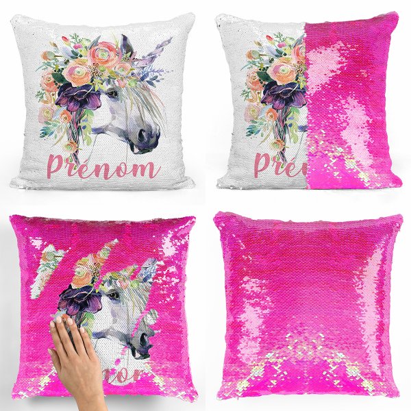 coussin pillow mermaid à sequin magique enfant reversible et personnalisable avec motif licorne de couleur rose nacré