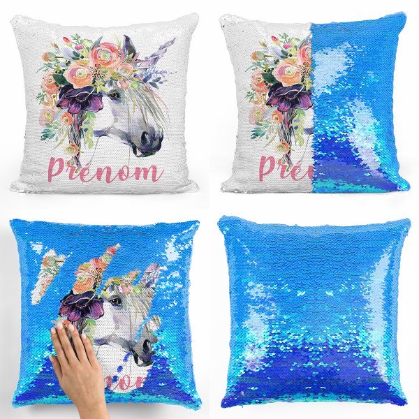 coussin pillow mermaid à sequin magique enfant reversible et personnalisable avec motif licorne de couleur bleu nacré