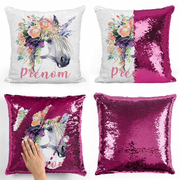 coussin pillow mermaid à sequin magique enfant reversible et personnalisable avec motif licorne de couleur fushia