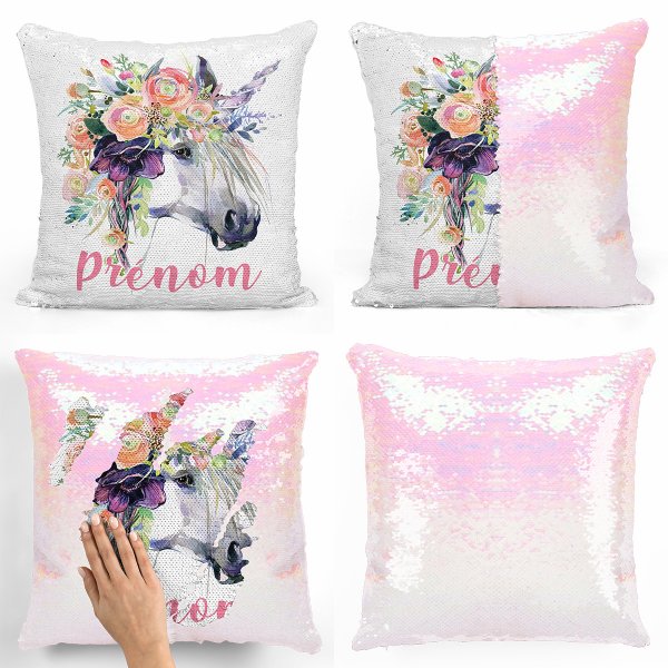 coussin pillow mermaid à sequin magique enfant reversible et personnalisable avec motif licorne de couleur blanc nacré