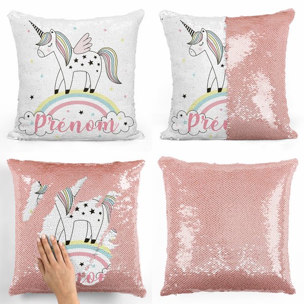 coussin pillow mermaid à sequin magique enfant reversible et personnalisable avec motif licorne arc-en-ciel de couleur saumon