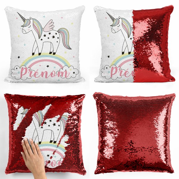 coussin pillow mermaid à sequin magique enfant reversible et personnalisable avec motif licorne arc-en-ciel de couleur rouge