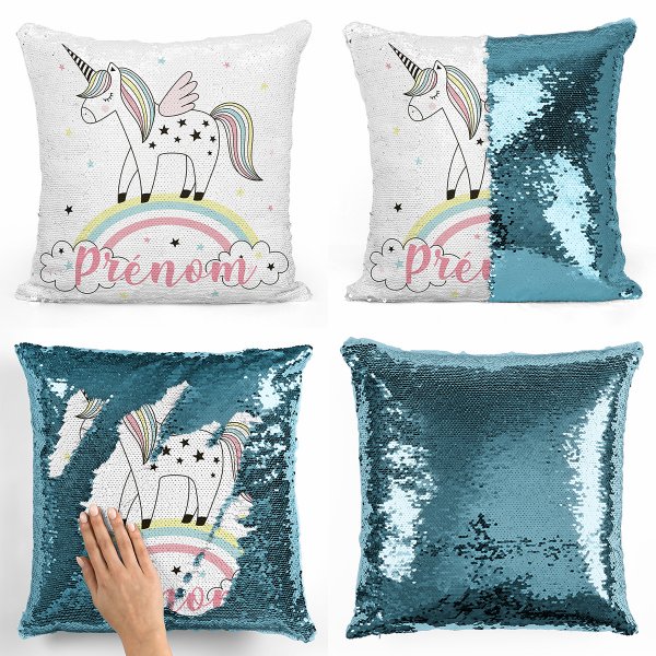 coussin pillow mermaid à sequin magique enfant reversible et personnalisable avec motif licorne arc-en-ciel de couleur bleu clair