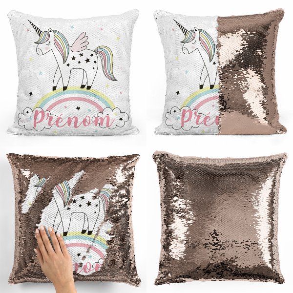 coussin pillow mermaid à sequin magique enfant reversible et personnalisable avec motif licorne arc-en-ciel de couleur champagne