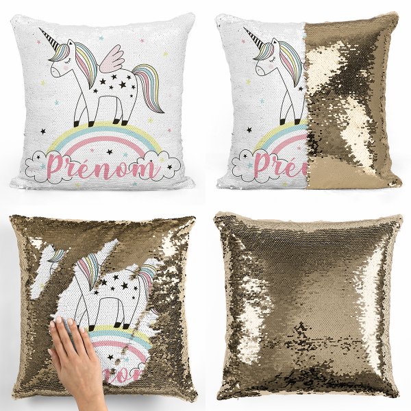 coussin pillow mermaid à sequin magique enfant reversible et personnalisable avec motif licorne arc-en-ciel de couleur or doré