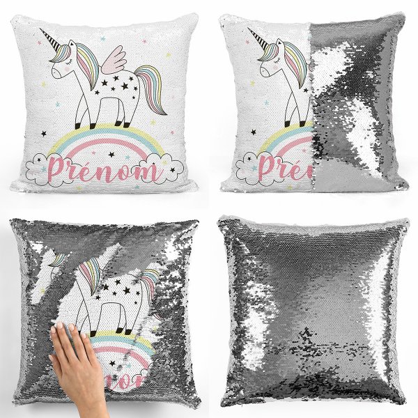 coussin pillow mermaid à sequin magique enfant reversible et personnalisable avec motif licorne arc-en-ciel de couleur argent