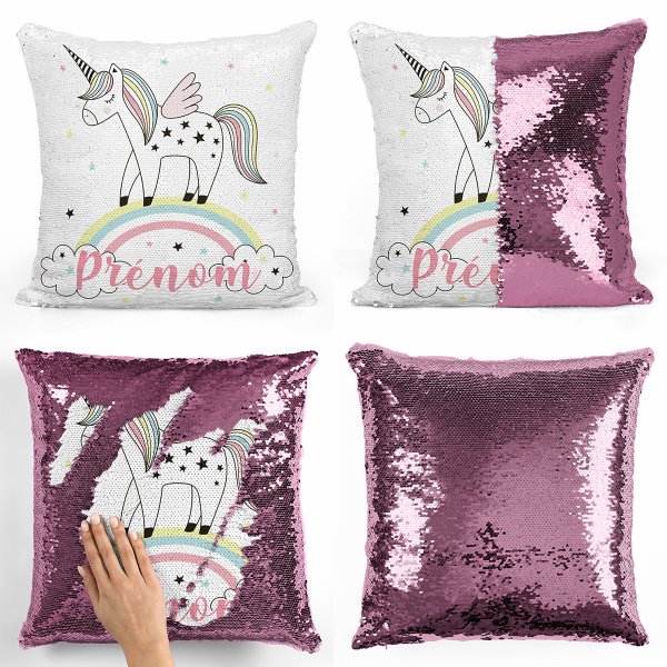 coussin pillow mermaid à sequin magique enfant reversible et personnalisable avec motif licorne arc-en-ciel de couleur rose clair
