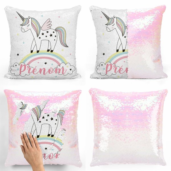 coussin pillow mermaid à sequin magique enfant reversible et personnalisable avec motif licorne arc-en-ciel de couleur blanc nacré