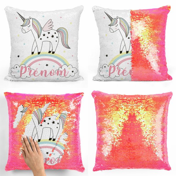 coussin pillow mermaid à sequin magique enfant reversible et personnalisable avec motif licorne arc-en-ciel de couleur orange nacré