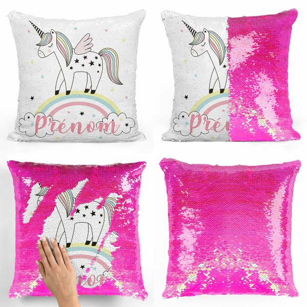 coussin pillow mermaid à sequin magique enfant reversible et personnalisable avec motif licorne arc-en-ciel de couleur rose nacré