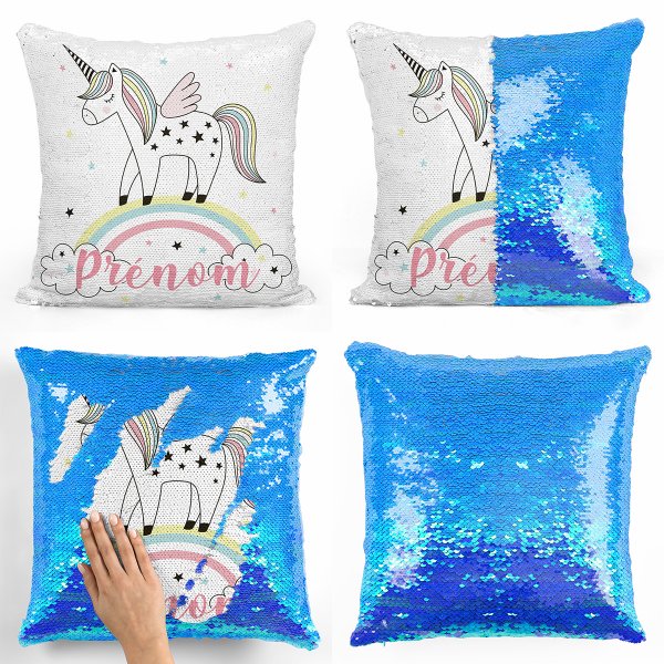 coussin pillow mermaid à sequin magique enfant reversible et personnalisable avec motif licorne arc-en-ciel de couleur bleu nacré