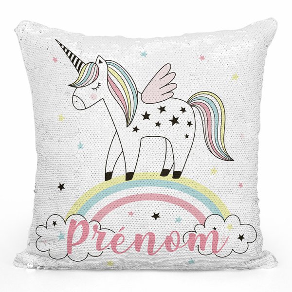 coussin pillow mermaid à sequin magique enfant reversible et personnalisable avec motif licorne arc-en-ciel